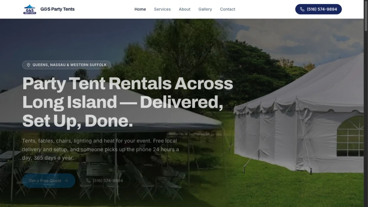 G&S Party Tents website homepage preview