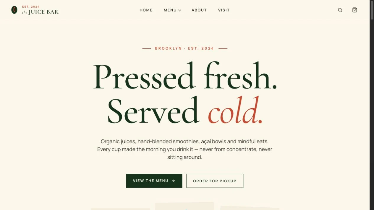 The Juice Bar website homepage preview