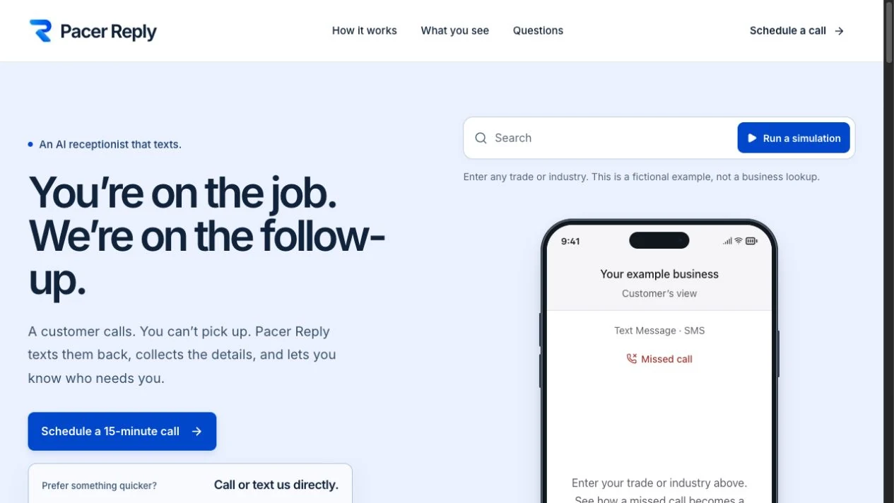 Pacer Reply website homepage preview